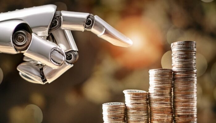 A robotic hand pointing towards stacks of coins, symbolizing artificial intelligence driving growth and transformation in the banking and finance industry.