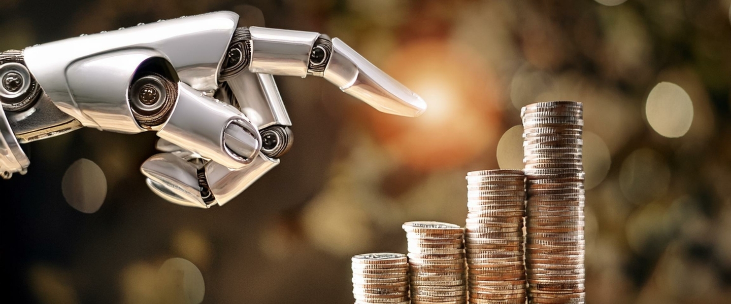A robotic hand pointing towards stacks of coins, symbolizing artificial intelligence driving growth and transformation in the banking and finance industry.