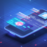Futuristic 3D illustration of a smartphone with digital banking and cybersecurity interfaces, displaying charts, code snippets, and a glowing lock icon, symbolizing secure mobile app development and data protection.