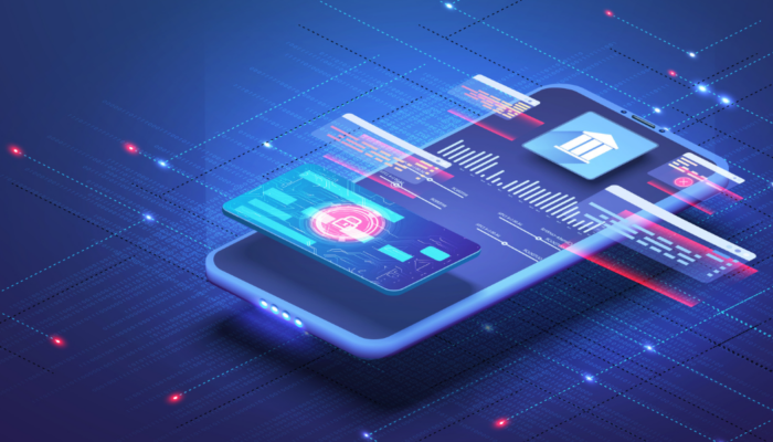 Futuristic 3D illustration of a smartphone with digital banking and cybersecurity interfaces, displaying charts, code snippets, and a glowing lock icon, symbolizing secure mobile app development and data protection.