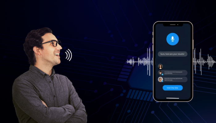 Man speaking towards a smartphone screen displaying a voice chat application interface, with sound waves visualizing voice input against a dark tech-themed background.